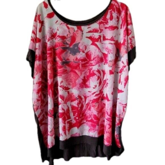 Apt. 9 2X Woman Tunic Blouse Pink Floral Gray Dolman Sleeve Hi-Low Hem stretchy - Picture 1 of 7